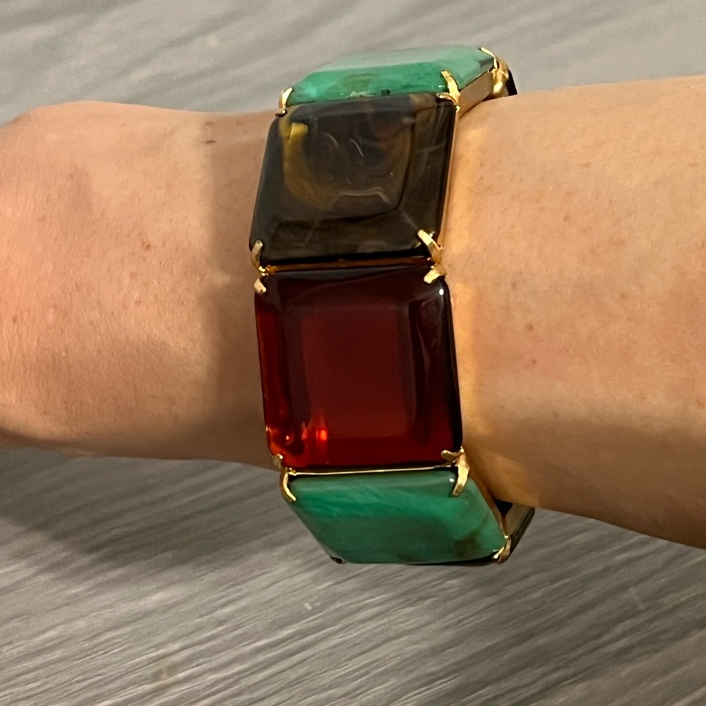 Gold and Plastic Stretch Bracelet with Swirl Design, Red, Turquoise, Brown, Boho